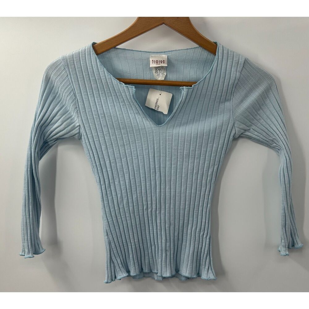 Vintage NWT Y2K Baby Blue T Shirt Knit Ribbed Long Sleeve S Old Stock Flawed